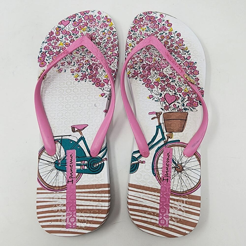 Ipanema Flip Flops Women 9 Bicycle Flower Print Sandals Pink White Bike Logo